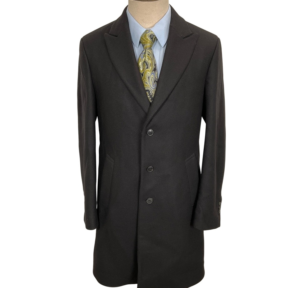 Massimo Dutti Overcoat Mens 38 Black 3 Button Classic Formal Dress Italian Wool